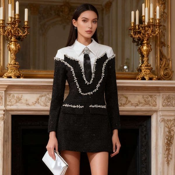 Evening Dress Skirt French-Style Elegant 2026 New Model With Elaborate Beading And Sequin Design, High-End Feel, Collared, Long-Sleeved, Short Dress For Women