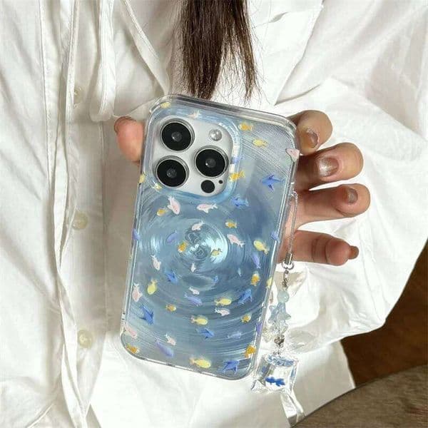 Whirlpool Fish Phone Case For iPhone 16 14 13 15 Pro Max Back Cover with Pendant Silicone Shockproof Cases 15Pro Kawaii Capa