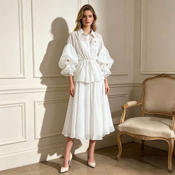 Luxury Dress Skirt Suit French Retro-Style Three-Dimensional Floral Two-Piece Set 2026 New Classic Lapel Lantern Sleeve Top + Large Hem Skirt