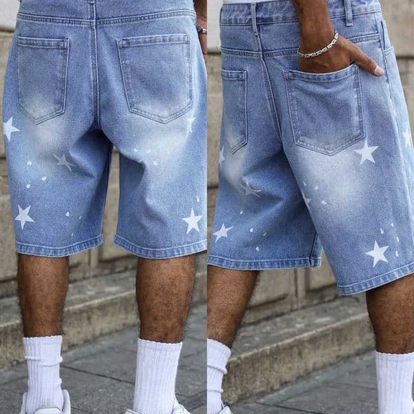 Mens blue denim shorts for spring and summer with stars printed on the legs are stylish and simple to match L260529