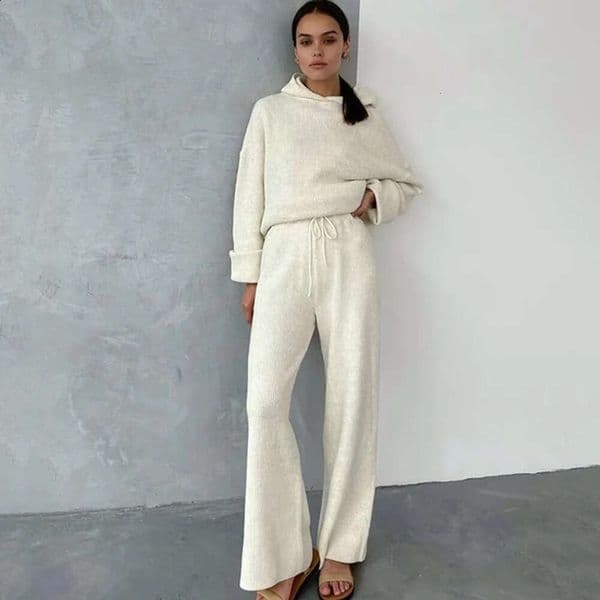 Knitted Sweat Suits Women Matching Tracksuit Sets Hoodies And Wide Leg Pants Loungewear Sweater Set Two Piece Outfits 240810 Fbe