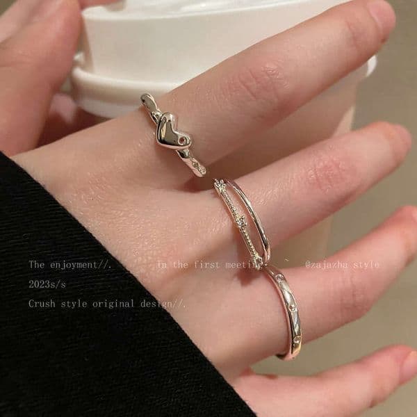 Designer Jewelry Luxury Jewelry Three-Piece Set Of Heart-Shaped Plain Zircon Open Rings, Niche Design, Minimalist Style, Light Luxury, High-End Feel, Index F