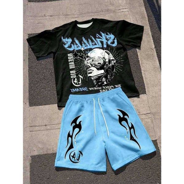 New Men's Summer Letter Pattern Printed Comfortable Breathable Round Neck T-shirt Drawstring Shorts Set Outdoor Strt Clothing J260512 D260602