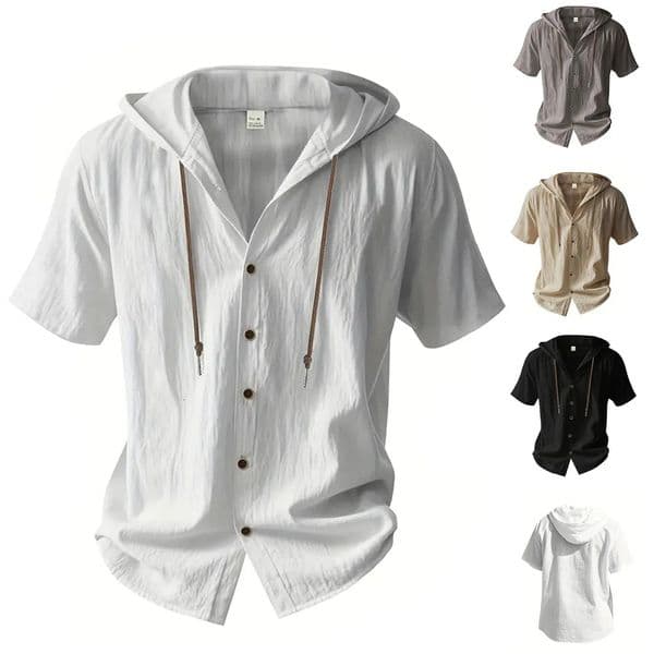 Cotton Linen Shirt for Men Hooded Short Sleeve Solid Color Breathable Lightweight Drawstring n Shirts Casual Basic Tees 260602