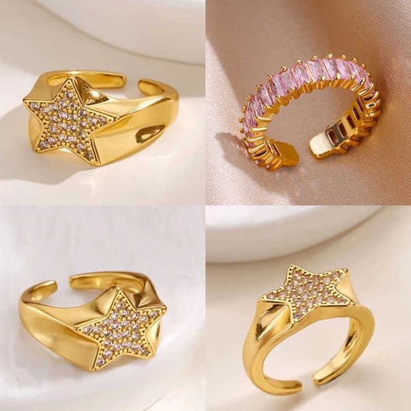 Rings Zircon Star for Women Gold Color Stainless Steel Opening Crystal Star Finger Ring Minimalist Party Wedding Jewelry Gift L260602