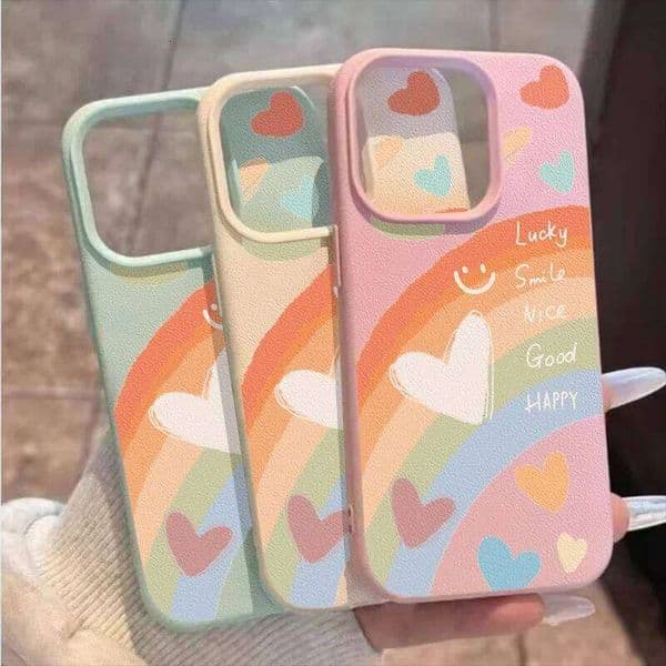 Cartoon Rainbow Love Heart Case Compatible for IPhone 11 12 13 Pro X XR XS Max 14 15 16 Plus Leather Texture Cover