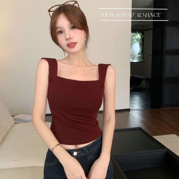 88029#Wide Shoulder Straight Shoulder Double Layer Off-Shoulder Vest Simple Solid Color Versatile With Chest Pad Wearable Outerwear Fb7