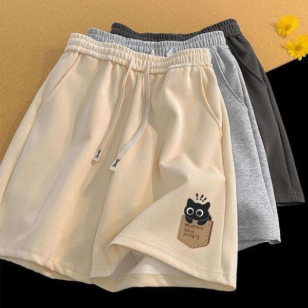 Men's summer sports shorts, heavyweight American high street style, black cat print, loose fit, plus size, versatile, slimming, casual knee-length shorts