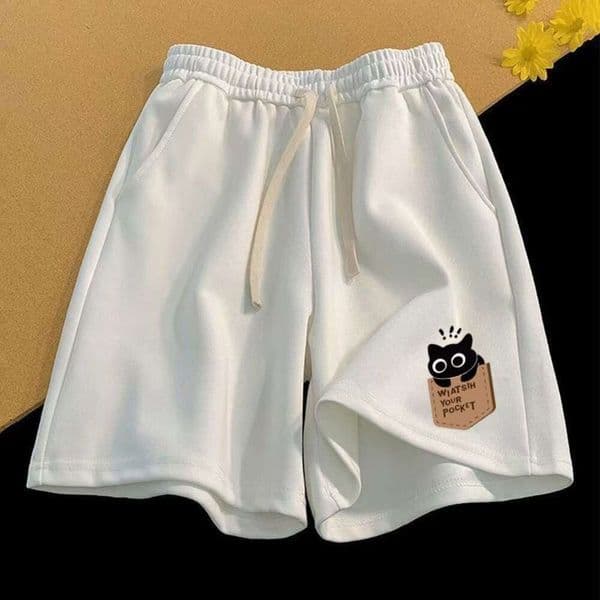 Men's Summer Sports Shorts, Heavyweight American High Street Style, Black Cat Print, Loose Fit, Plus Size, Versatile, Slimming, Casual Knee-Length Shorts C99