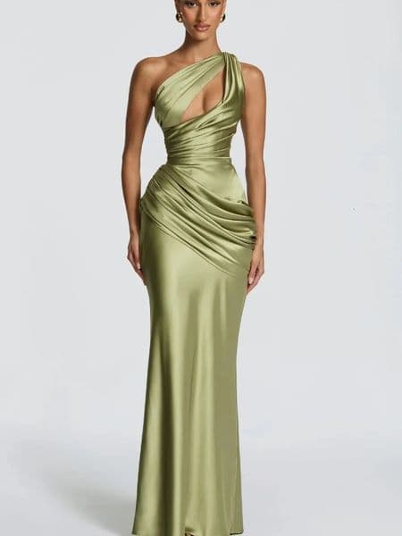 Women Green Ruched Elegant Satin Maxi Dress Mermaid One-shoulder Cutout Slim Fit Flowy Vestido 2026 Lady Summer Evening Vestidos 260602