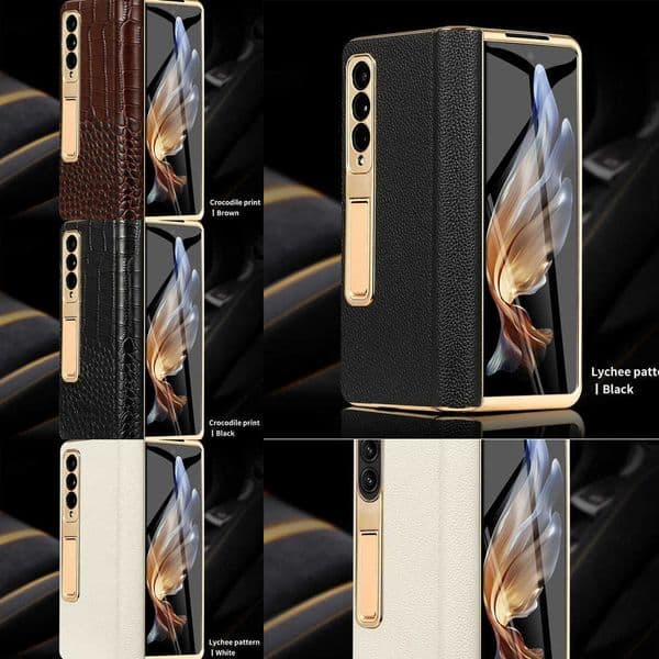 4 Back for Galaxy Z Fold 7 6 5 Leather 3 Fold6 Fold7 Gold Plating Magnetic Hinge Stand Phone Cover with Mirror Film Case Y260602