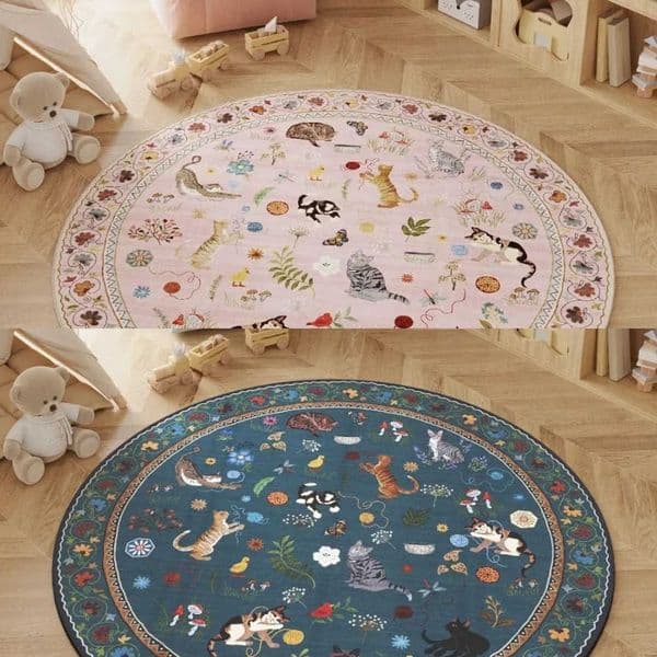 Cat Round Pastoral Carpet Boho Floral Butterfly Kitten Print Rug Cute Animal Non-Slip Mat for Living Room Bedroom Decoration L260602