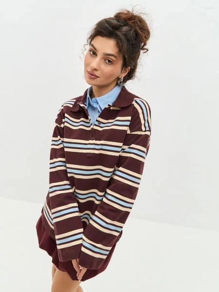 Women's Polos Autumn Polo Shirts Women Long Sleeve Crop Tops Color Block Green Striped Print Mujer Casual Brown