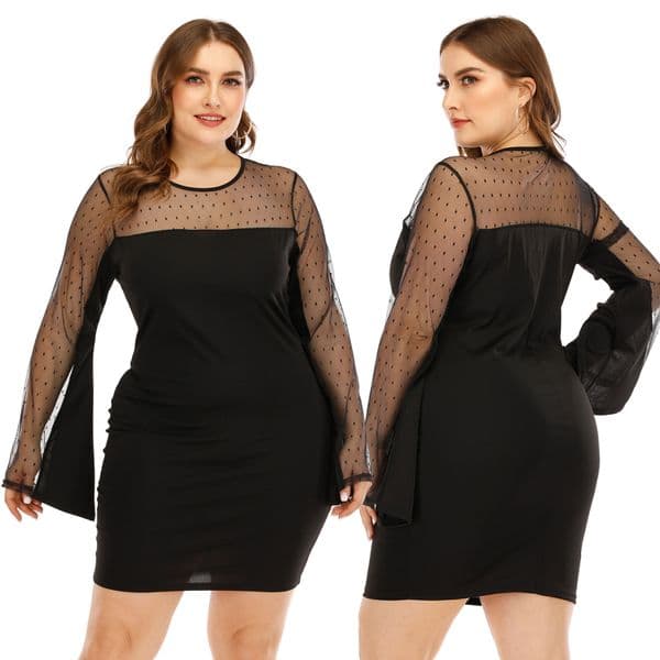 Bestseller Cross-Border Plus-Size Women's Clothing, Sexy Sheer Mesh Patchwork With Bell Sleeves, Slim Fit Bodycon Skirt, Short Dress 191239 Ddmylion