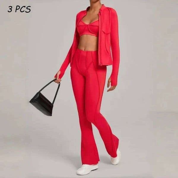 3PCS Women's Seamless Yoga Sports Jackets Bra Flared-pants Suits Slim Fit Hip-Lifting Tracksuits Fitness Gym Workout Sets 26L0602