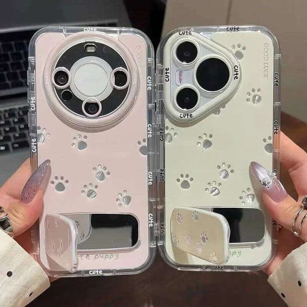 Cute Cat's Paw Bracket Case Compatible for IPhone 11 12 14 Max 15 13 Pro 16 Plus Mirror Stand Feather Yarn Cover