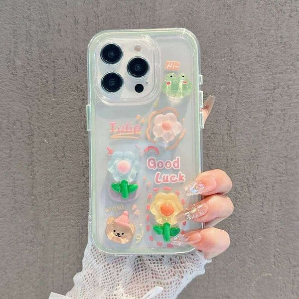 3D Doll Cute Frog Little Bear Flower Case Compatible for IPhone 12 11 13 Pro Max 16 14 15 Plus Bumper 2 in 1 Soft Cover