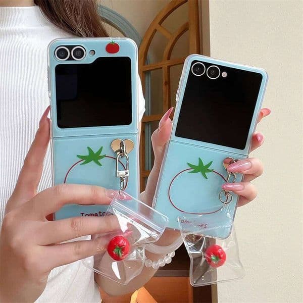 INS Korean Line Tomato Phone Case for Samsung Galaxy Z Flip 7 7FE Flip5 4 3 Flip6 Cover with Charm Cute Shockproof Cases