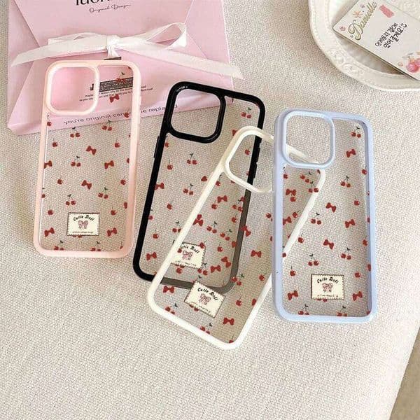 Fashion Red Cherry Bowkont Case Compatible for IPhone 13 12 11 Pro Max 14 16 15 Plus Luxury Acrylic Couples Soft Cover