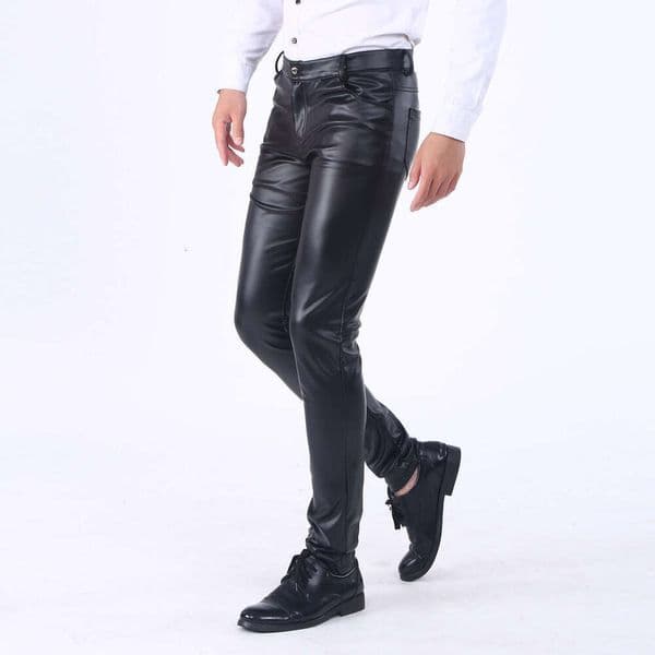 Spring And Autumn Korean Style Slim Fit Leather Pants Men's Skinny Pants Tight Elastic Trendy Motorcycle Leather Pants Men's Fleece Lined Long Pants 70F