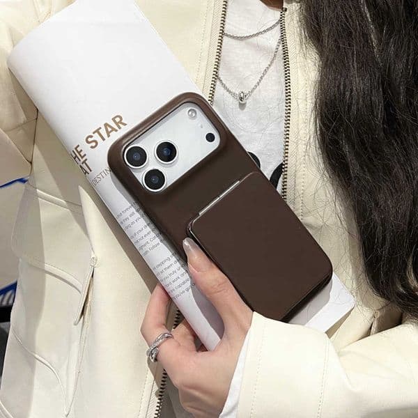 Wen Folding Bracket Makeup Mirror Girl Brown Leather Phone Case Gift For iPhone CASE 17 Cover 16 15 Pro Max for 14 Plus 13 12 11 Y260602