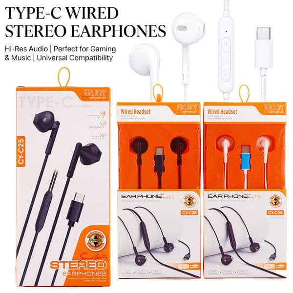 USB C/TYPE C Headphones Wired Earbuds Flat-ear Earphones with Mic Volume Control Headset for iP15 16 17 Samsung Google Pixel iPad C25 with Color Box Packaging