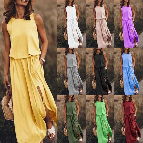 Summer new European and American women's fashion round-neck sleeveless with slit, multi-color solid color long dress