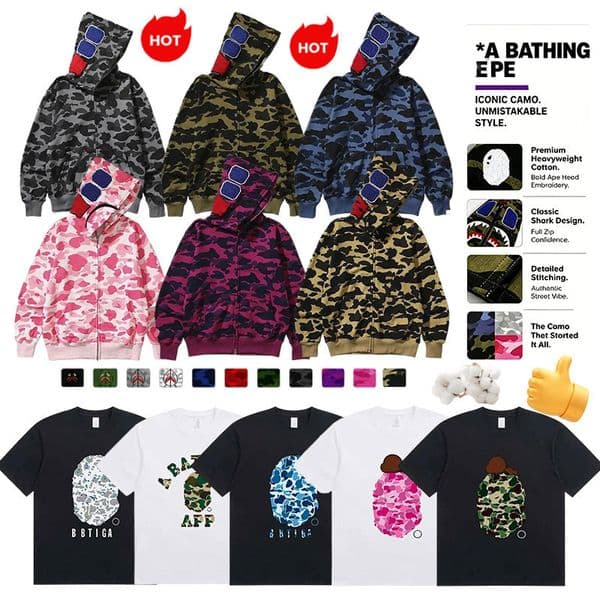 bapelyhoodies t shirt Shark hoodie Mens Designer Hoodies Jacket Full Zip Up Jackets Men Women Sweetwear Camouflage Pattern Hoodie Sweatshirts unisex Clothing