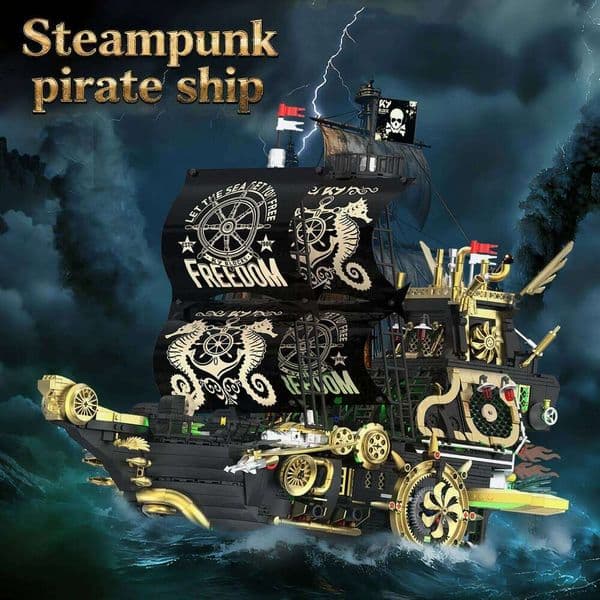 K96226 Steampunk Pirate Ship LED Light-up Building Blocks DIY MOC Model Desktop Decor Adult Collectible Gift Birthday Holiday 26Y0602