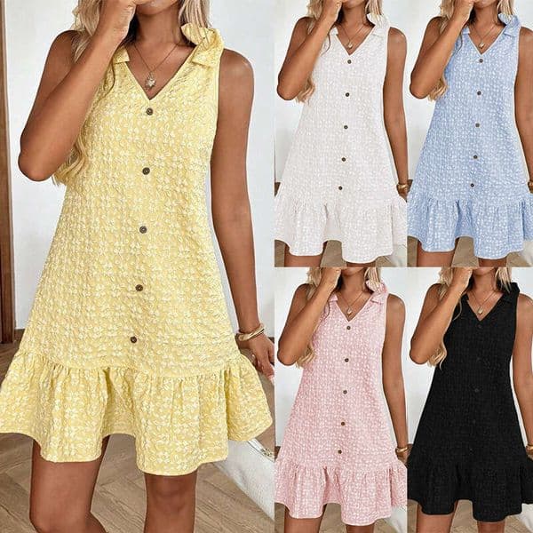 European and American Viral Trending summer new V-neck bow strap button jacquard sweet dress