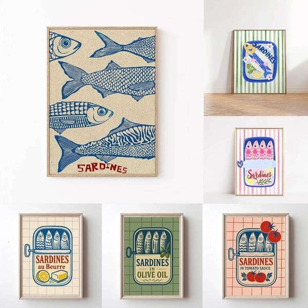 Pink Canned Sardines Canvas Print Sardine Fisherman Aesthetic Wall Art Poster for Modern Living Room Kitchen Home Decor Gifts 26L0602