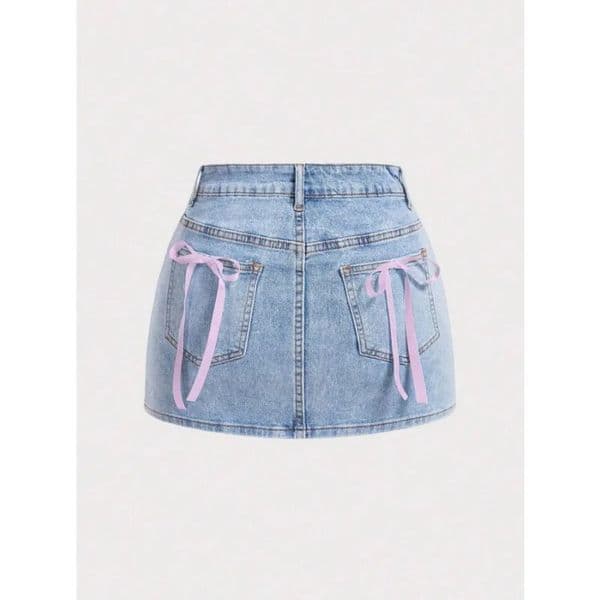 Womens Y2K Light Blue Denim Mini Skirt High Waist ALine With Pink Bow Pockets Cute Casual Streetwear 260522
