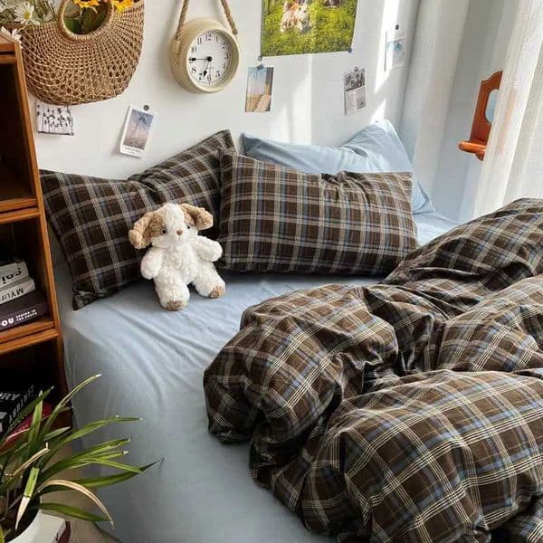 Bedding Set Ins Ambiance Blue Coffee Grid Mixed With Washed Cotton Minimalist Four Piece Set Fitted Sheets Duvet CoverJ260602