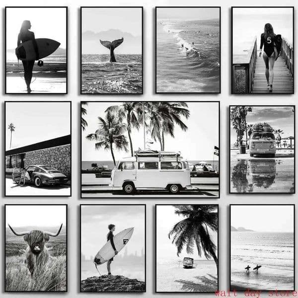 Beach Camper Van Surfing Ocean Landscape Wall Art Palm Tree Surfboard Canvas Painting Home Room Decor Poster Prints 26L0602