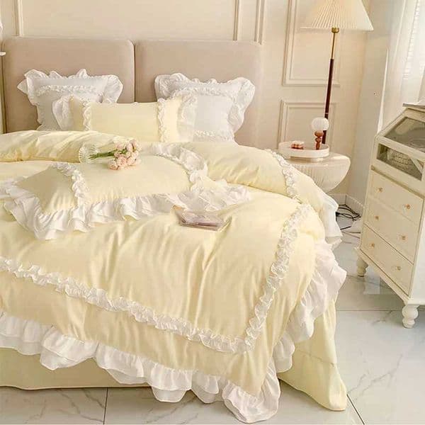 200X230Cm Korean Princess Lolita Bed 4-Piece Set Solid Washed Cotton Breathable Bed Sheet Duvet Cover Bedding Set with LaceJ260602