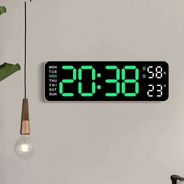 Large Digital Wall Temperature and Humidity Week Display Brightness Adjustable Electronic LED Table Alarm Clock 12/24H W260602