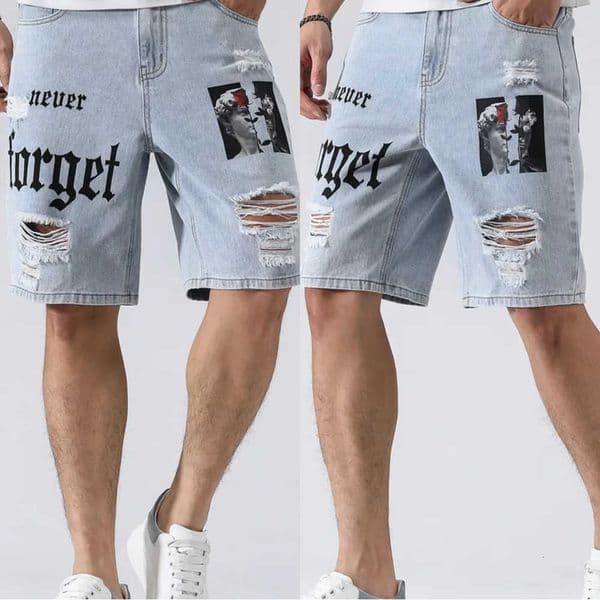 Men Summer Stretchy Denim Shorts Jeans For Men Streetwear Letter Ripped Knee length Baggy Comfort Cargo Casual Shorts Pants Jean L260529