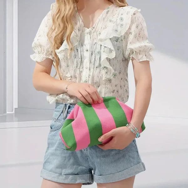 Summer Beach Clutch Bag Women Contrast Color Crochet Handbag Knitting Dumpling Lady Cute Cloud Casual Colorblock 260602