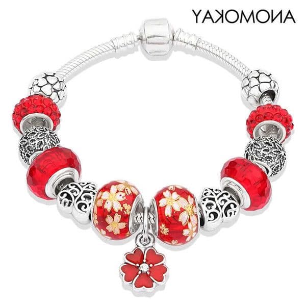 Flower Casual Red Bead Brelet with Charms Silver Heart Bead Brelet Handmade Diy Jewelry for Wedding Hand Decoration S260602