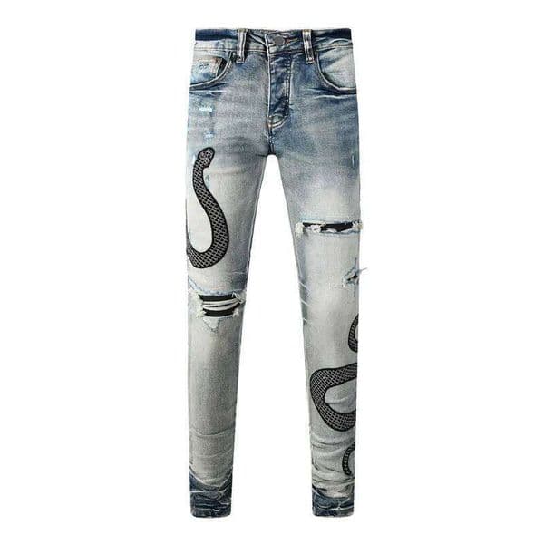 Y2K Fashion New Men's Serpentine Embroidered Perforated Patch Jeans High Street Hip Hop Brand Light Blue Pants Hombre 26Y0602