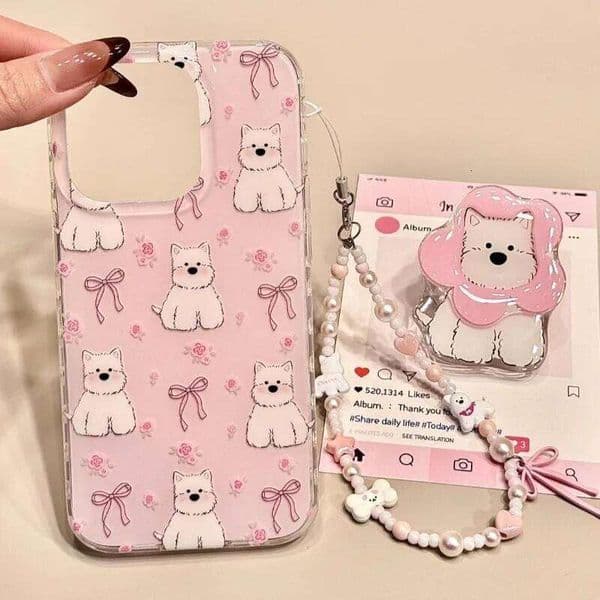 Romantic Flower Puppy Bow Case Compatible for IPhone 15 13 12 11 Pro XS X XR Max 7 16 8 Plus SE 2020 New White Imd Cover