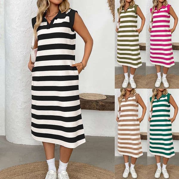 New Women's Striped Maxi Dress Turn Down Collar Sleeveless Long Shirt Dress with Pocket