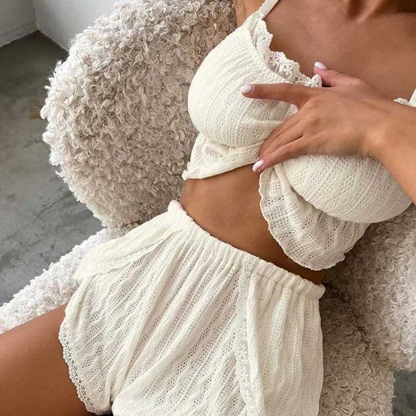 Womens Nightwear Set Sexy Lace-Trimmed Camisole Top with Cutout Details and Shorts Womens Loungewear L260525