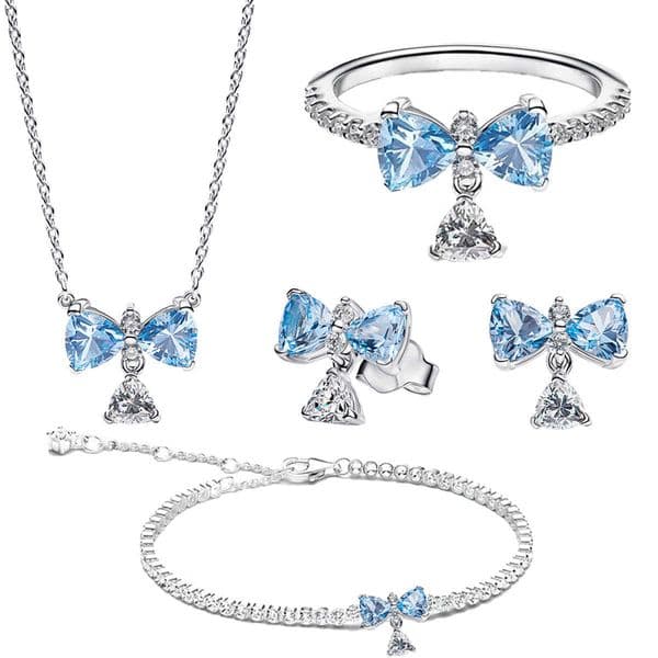 Sales Original Hot 925 Sterling Silver Blue Bow Set Earrings Ring Fit DIY Brelet Neckle Women's Birthday Party Jewelry Set S260602