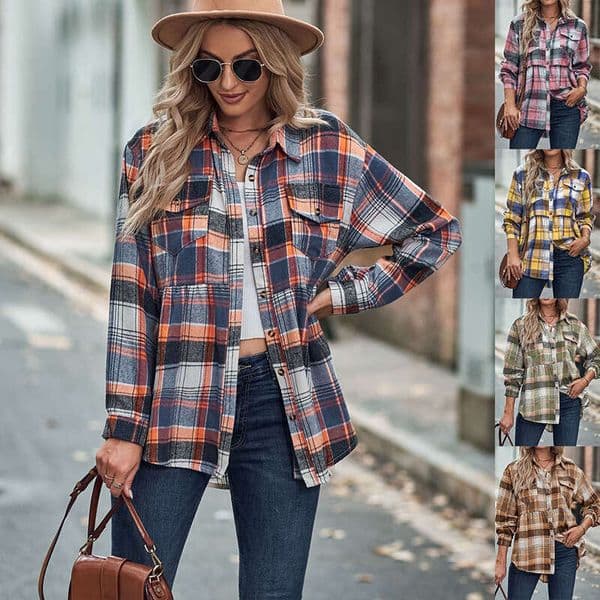 New Women's Plaid Flannel Shirt Long Sleeve Turn Down Collar Casual Pocket Button Down Blouse