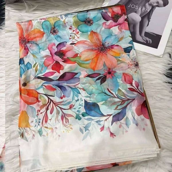 White Blue Women Mulberry Elegant Floral Design Long Cape Summer Beach Silk Shawl Wrap Hijab Scarf 26Y0602