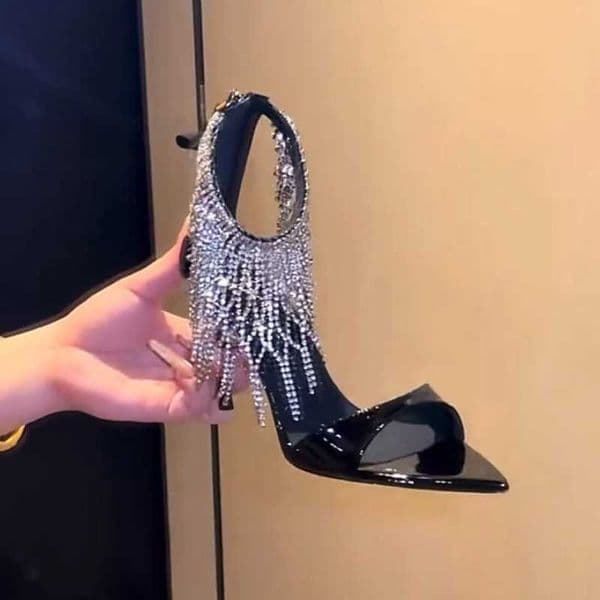 Pointed 2026 New Early Toe Spring Rhinestone Tassel High Heels Female Sense Open Toe Stiletto One Strap Patent Leather Sandals H260604