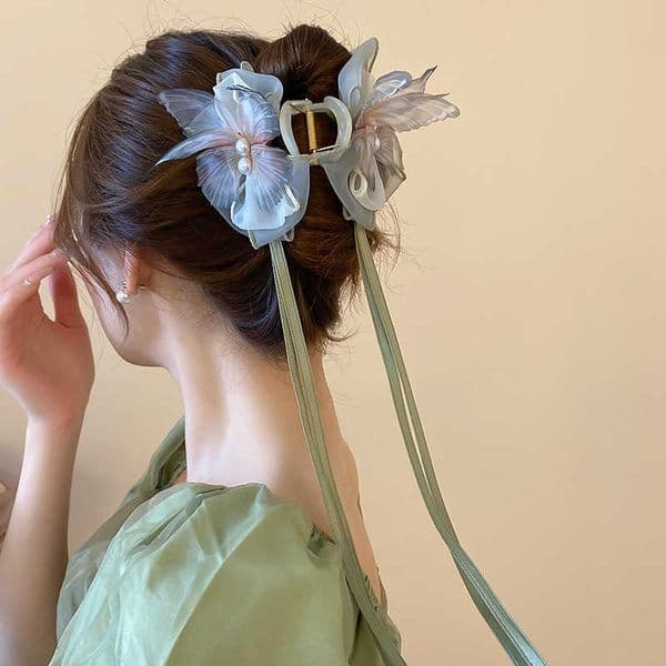 Style Neo Chinese Green Bow Butterfly Hair Claws Clips For Women Imitation Pearl Long Ribbon Tassel Grips Acrylic Shark Clip M260603
