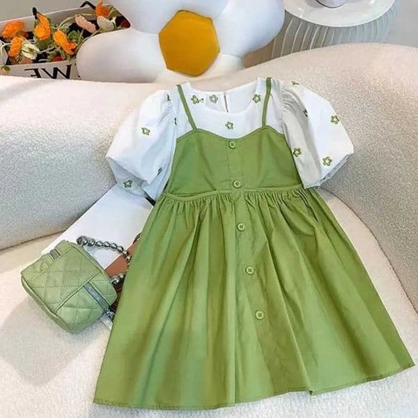 Girls Summer Cute Casual Wear Puff Sleeve O-Neck A-Line Dress 1 Pc 2-7 Years Kids Fashion Clothes M260603