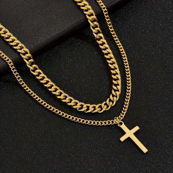 titanium steel Best-selling double-layer cross pendant necklace for men dragon bone chain twisted chain basketball chain L260603RQDD